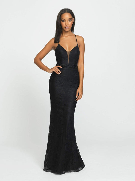 Madison James - 19-199 Lace Deep V-neck Trumpet Dress In Black
