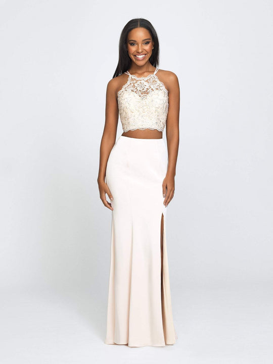 Madison James - Two-Piece Beaded Illusion Halter Gown with Slit 19-201  In Neutral