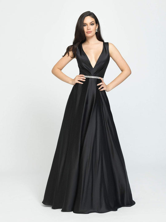 Madison James - 19-204 Embellished Deep V-neck Stretch Satin Dress In Black