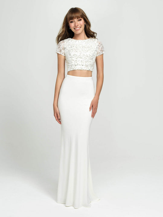 Madison James - 19-207 Two Piece Sequined Jersey Trumpet Dress In White