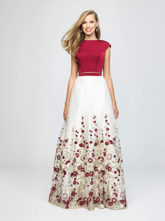 Madison James - 19-251M Two Piece Satin Embroidered A-line Dress In Red and White