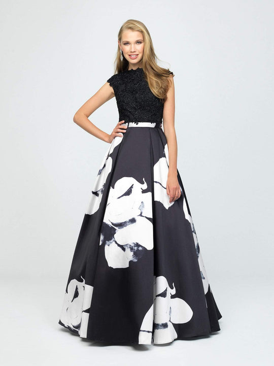 Madison James - 19-252M Embroidered High Neck Mikado A-line Dress In Black and White