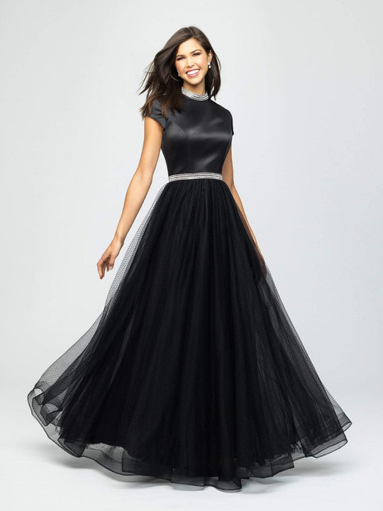 Madison James - 19-255M Satin High Neck Dotted Swiss Tulle Aline Dress In Black