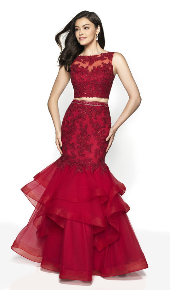 Flair Prom - 19005 Two Piece Lace Tulle Ruffled Mermaid Dress In Red