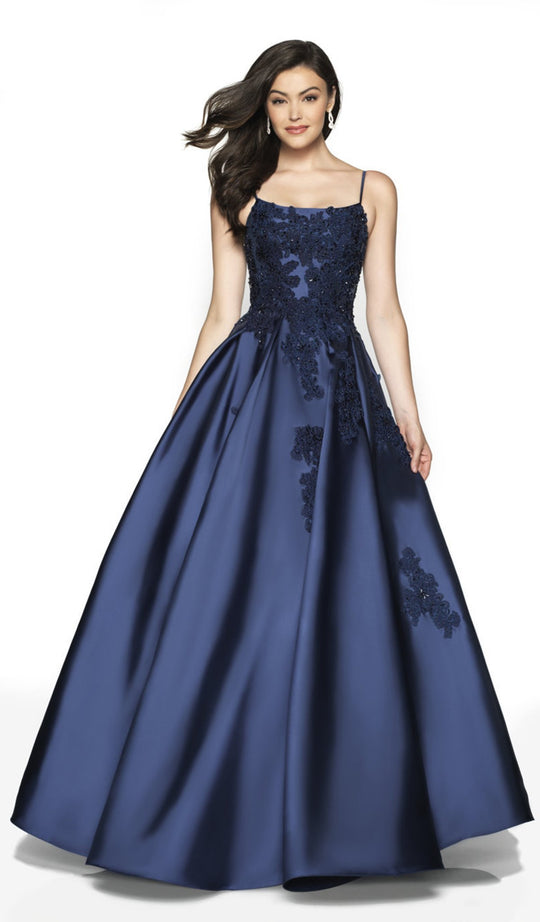 Flair Prom - 19008 Lace Scoop Neck Mikado Ballgown In Blue