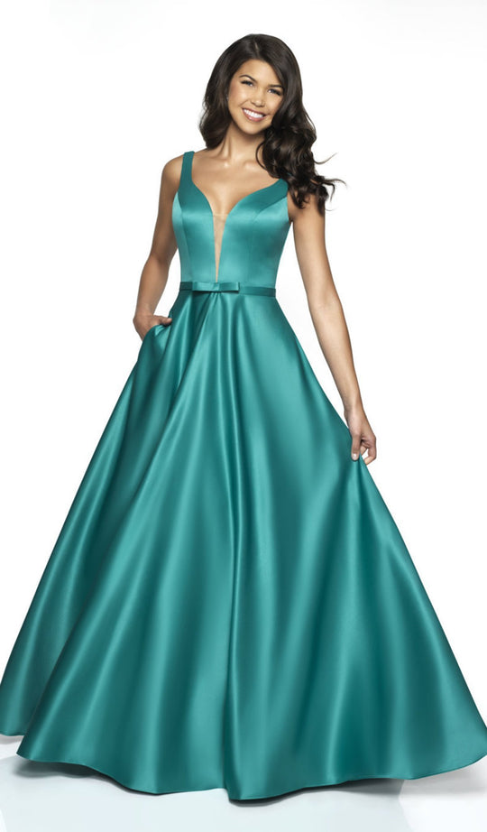 Flair Prom - 19017 Sleeveless Illusion Plunging Neck A-Line Satin Gown In Green