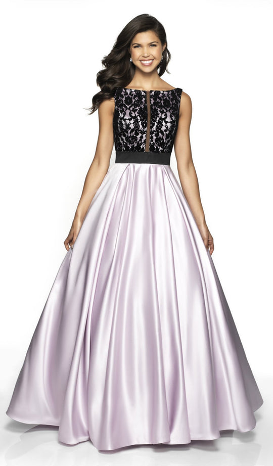 Flair Prom - 19023 Lace Bateau Satin Ballgown In Purple and Black