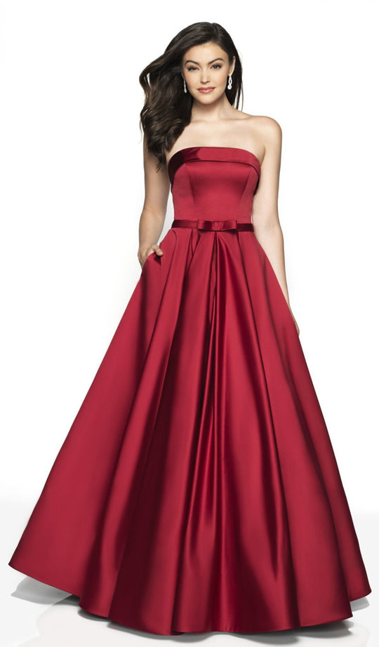 Flair Prom - 19024 Strapless Fitted Bodice Bow Accent  A-Line Gown In Red