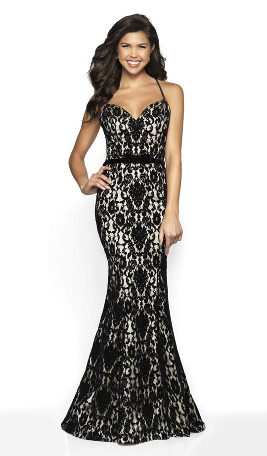 Flair Prom - 19025 Sweetheart Velvet Lace Mermaid Dress In Black and Neutral