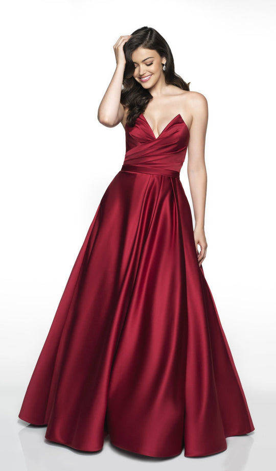Flair Prom - 19026 Pleated Plunging V-neck Satin Ballgown In Red