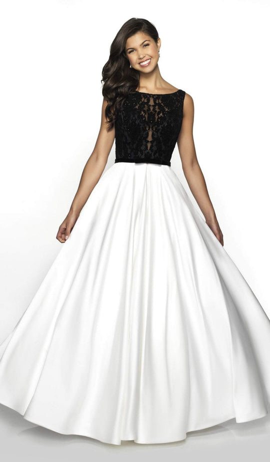 Flair Prom - 19027 Sleeveless Lace Illusion Top A-Line Satin Gown In White and Black