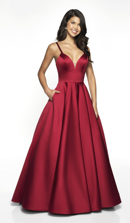 Flair Prom - 19028 Sleeveless Deep V-neck Satin Ballgown In Red