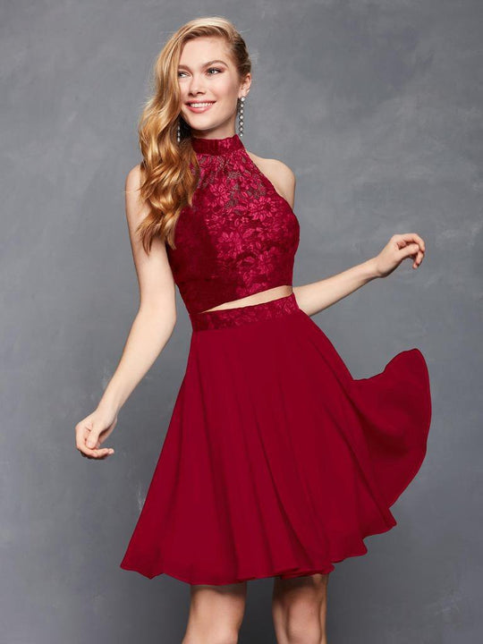 Clarisse - S3427 Embroidered Lace High Halter Chiffon A-line Dress in Wine