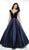 Flair Prom - 19030 Velvet Deep V-neck Satin Ballgown In Blue