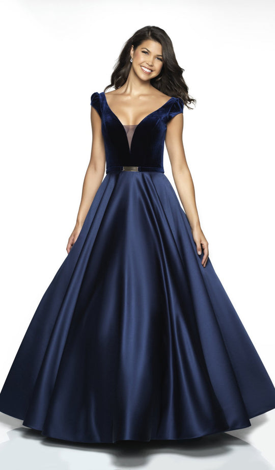 Flair Prom - 19030 Velvet Deep V-neck Satin Ballgown In Blue
