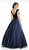 Flair Prom - 19030 Velvet Deep V-neck Satin Ballgown In Blue
