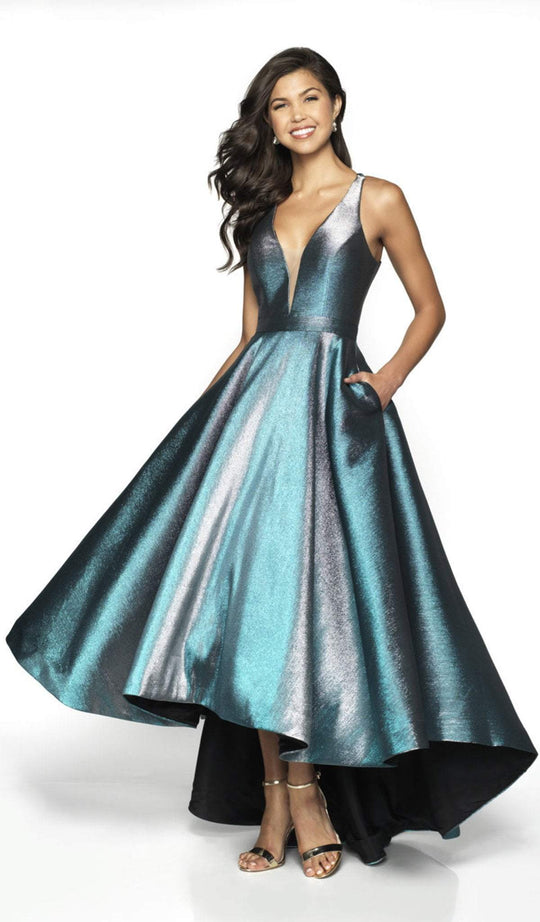 Flair Prom - 19039 Metallic Brocade Deep V-neck High Low A-line Dress In Blue and Silver