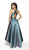 Flair Prom - 19039 Metallic Brocade Deep V-neck High Low A-line Dress In Blue and Silver