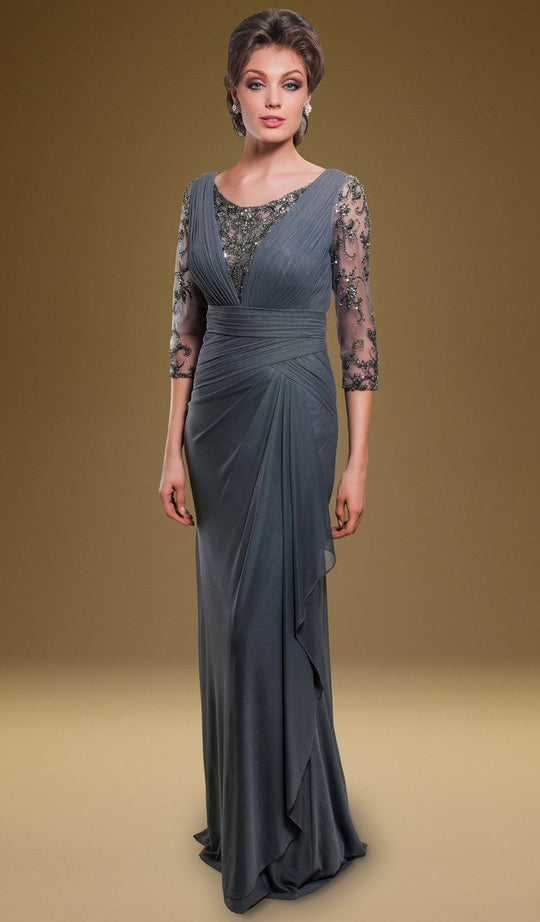 Rina Di Montella - RD1904 Jewel Ornate Illusion Sleeve Pleated Gown in Gray