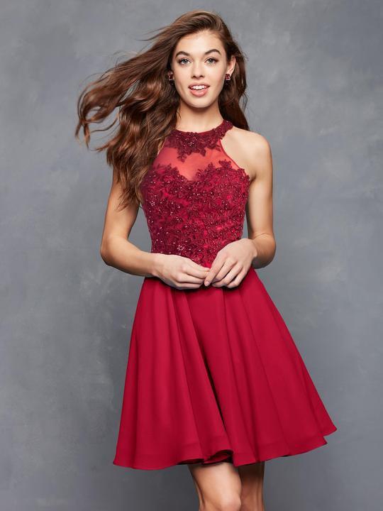 Clarisse - S3528 Lace Halter Neck Chiffon A-line Dress In Red