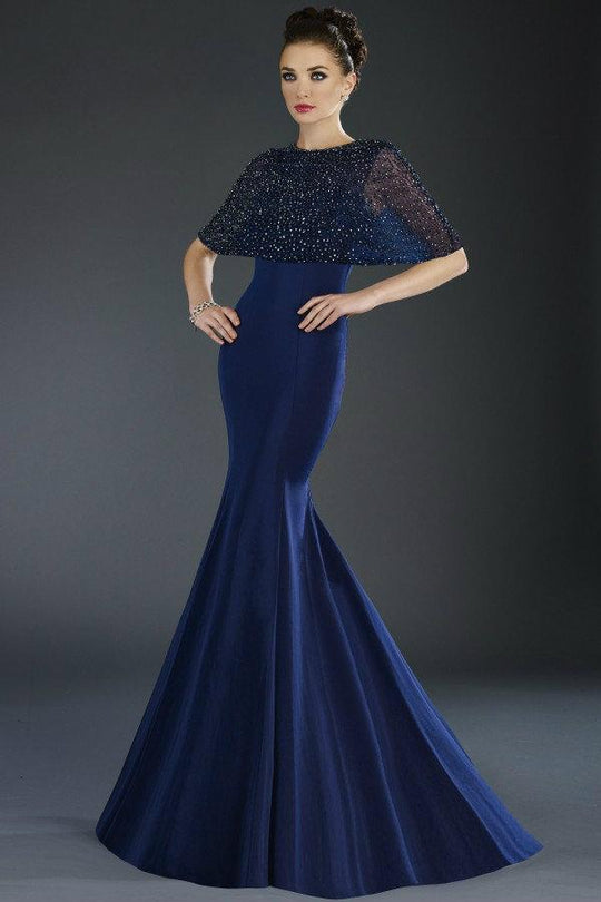 Janique 1905 Stunning Navy Mermaid Gown with Capelet In Blue