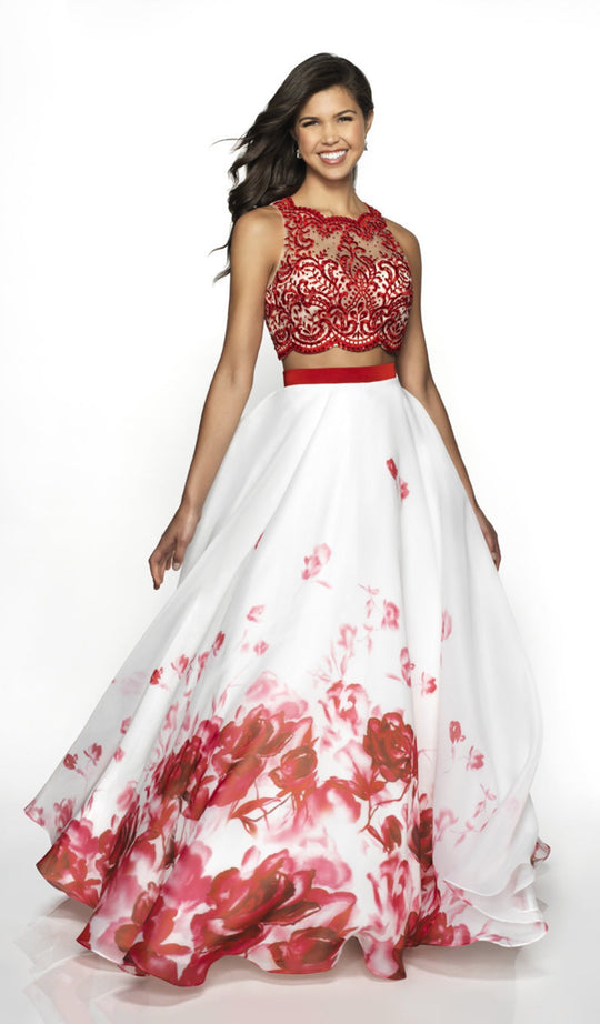 Flair Prom - 19050 Two Piece Embroidered Print Organza Ballgown In White and Red