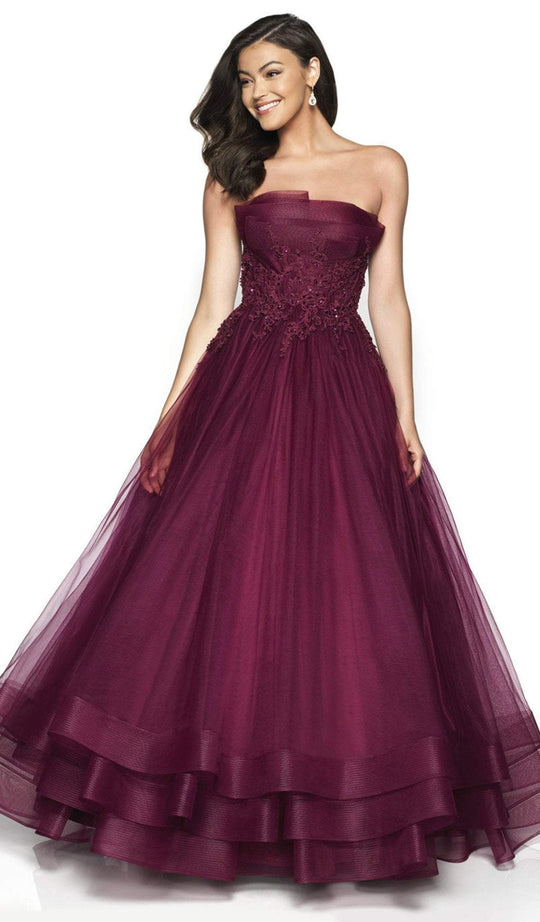 Flair Prom - 19051 Strapless Lace Tiered Tulle Ballgown In Purple