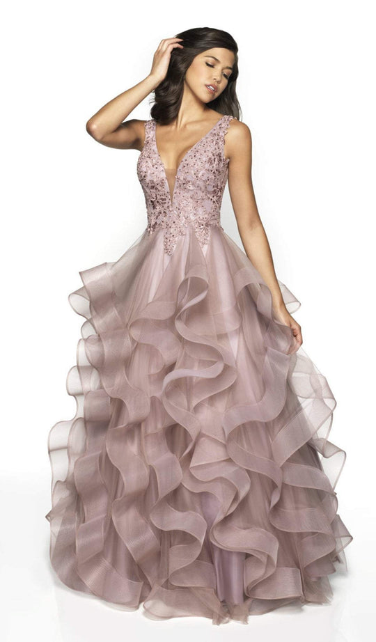 Flair Prom - 19052 Sleeveless Lace Top Draped Ruffles Tulle Gown In Pink and Nude