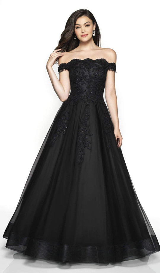 Flair Prom - 19053 Scallop Trimmed Off Shoulder Neck Tulle A-Line Gown In Black