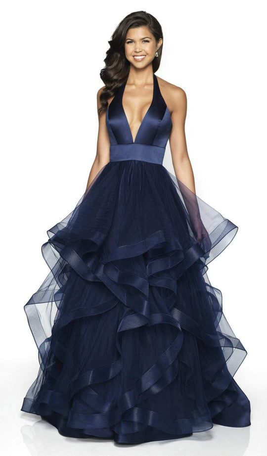 Flair Prom - 19054 Satin Deep Halter V-neck Tulle Ballgown In Blue