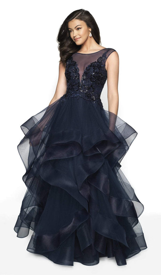 Flair Prom - 19055 Lace Illusion Bateau Ruffled Tulle A-line Dress In Blue