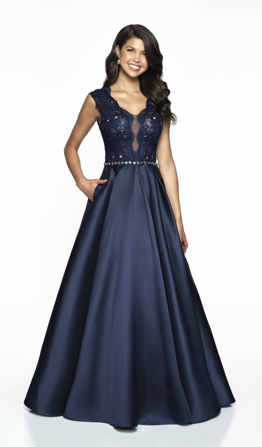 Flair Prom - 19057 Lace V-neck Mikado A-line Dress In Blue