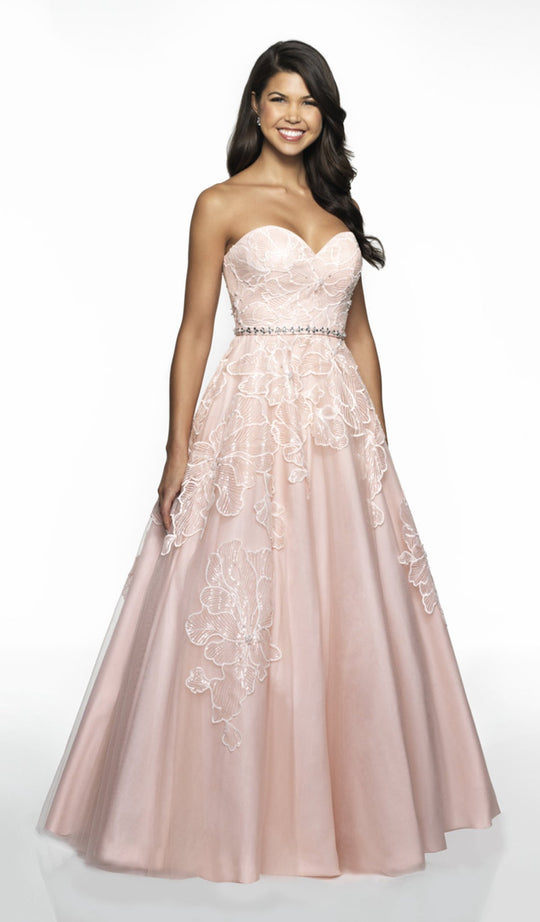 Flair Prom - 19058 Floral Lace Applique Strapless A-Line Tulle Gown In Pink