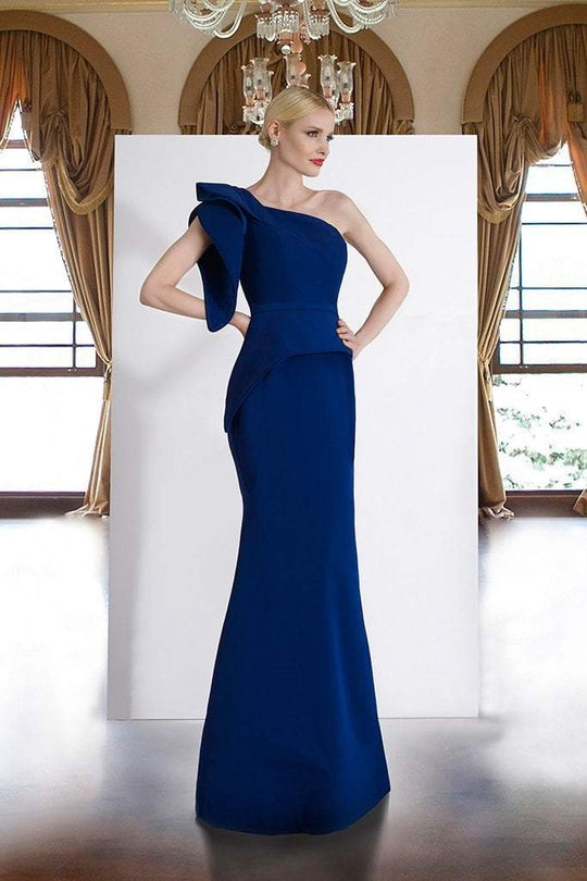 Janique - 1905 Asymmetrical Peplum Mermaid Gown In Blue