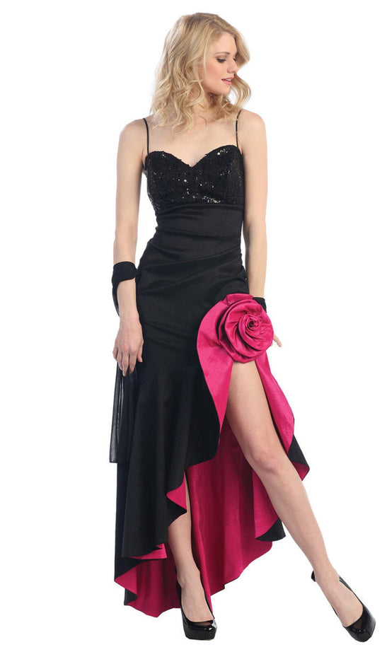 Eureka Fashion - 1905 Sequin-Ornate Rosette Accented High Low Dress In Black and Pink