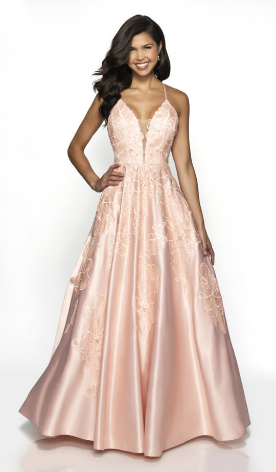 Flair Prom - 19061 Gossamer Floral Lace Plunging Satin Gown In Pink