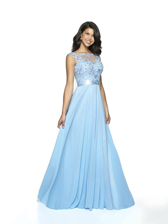 Flair Prom - 19071 Cap Sleeve Illusion Beaded Appliqued Gown In Blue