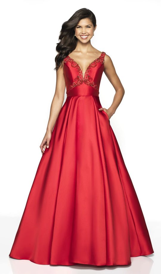 Flair Prom - 19072 Crystal Embellished Mikado A-Line Gown In Red