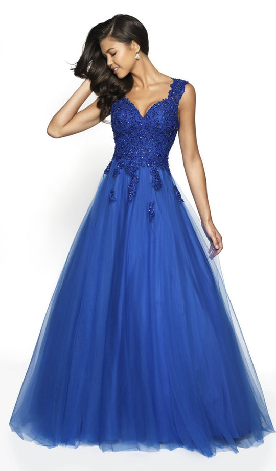 Flair Prom - 19076 Lace Plunging Sweetheart Tulle Ballgown In Blue