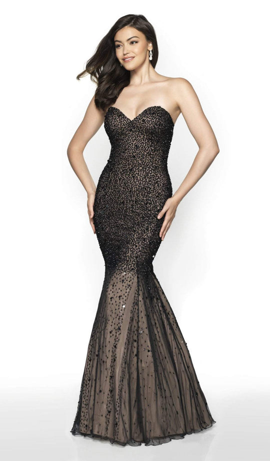 Flair Prom - 19084 Beaded Ornate Strapless Sweetheart Mermaid Gown In Black and Nude