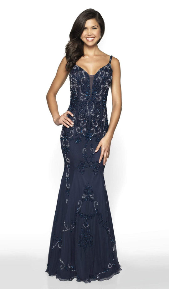 Flair Prom - 19085 Intricate Sequined Plunging Mermaid Gown In Blue