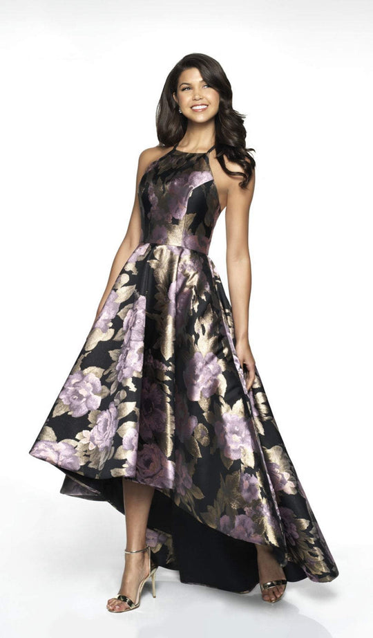 Flair Prom - 19092 Halter Brocade High Low A-line Dress In Black and Purple