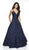 Flair Prom - 19093 Plunging V-neck Brocade A-line Dress In Blue