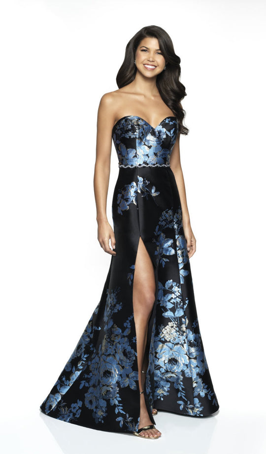 Flair Prom - 19100 Strapless Brocade Sweetheart A-line Dress In Black and Blue