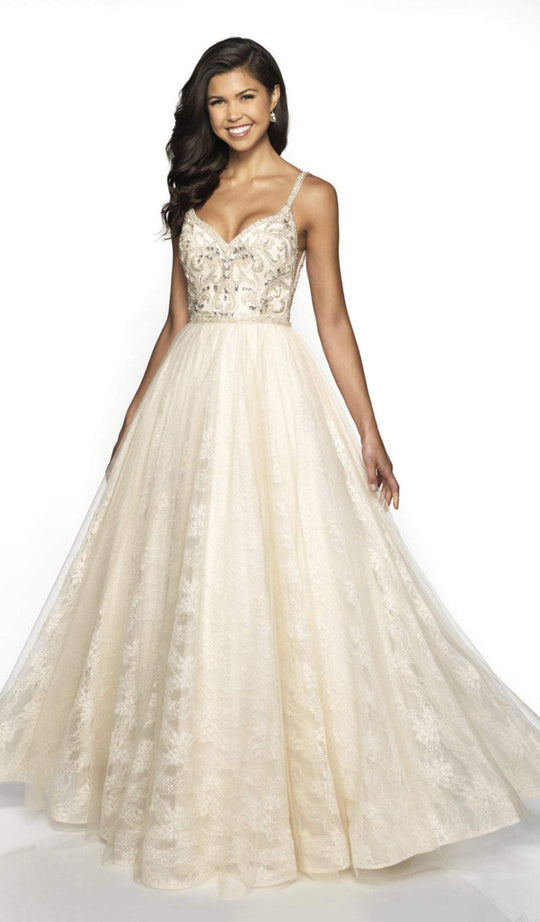 Flair Prom - 19101 Lace Plunging V-neck A-line Dress In Neutral