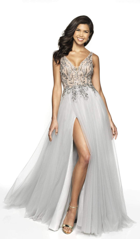 Flair Prom - 19104 Beaded Lace Tulle A-line Dress In Silver and Neutral