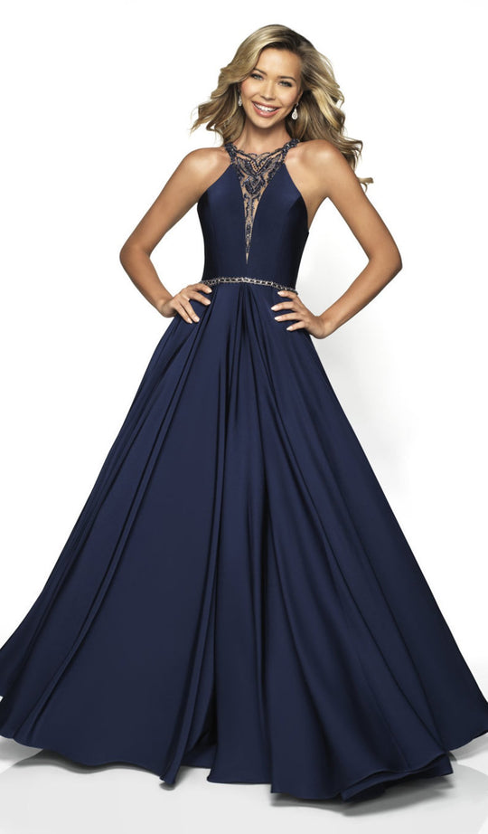 Flair Prom - 19105 Embellished Crepe Halter Ballgown In Blue