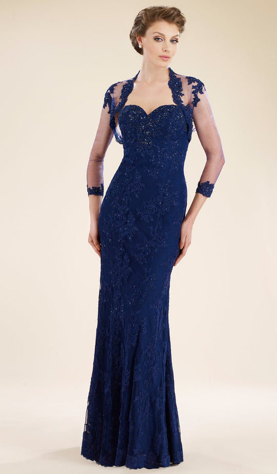 Rina Di Montella - RD1911 Lace Trumpet Gown with Sheer Bolero Jacket in Blue