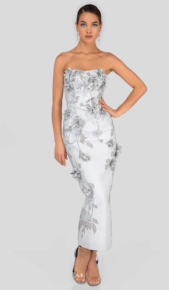 Terani Couture - 1911C9012 Strapless Floral Appliqued Tea-Length Dress In Silver