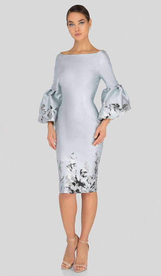 Terani Couture - 1911C9016 Two Tone Bateau Quarter Length Sleeve Dress In Silver and Gray